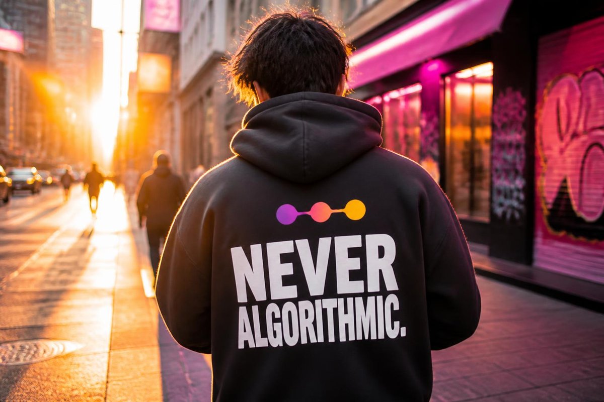 Someone wearing a Cite hoodie printed with Never Algorithmic, concept image