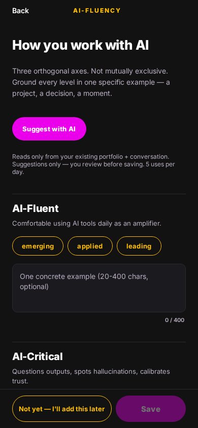 Cite's How you work with AI screen. You rate yourself as emerging, applied or leading at being AI-fluent and AI-critical, and back it up with one real example. AI can suggest wording, but you review it before saving.