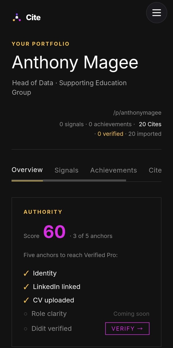 Anthony Magee's Cite portfolio on a phone: Head of Data at Supporting Education Group, an Authority score of 60, and three of five verification steps done (identity, LinkedIn and CV)